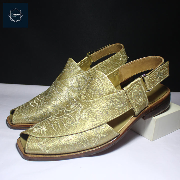 Golden embroidery leather kabli sandals - footmax (Store description)