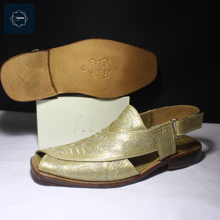 Golden embroidery leather kabli sandals - footmax (Store description)